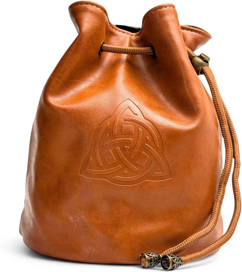 Luck Lab Dice Bag for DnD – Large Velvet-Lined PU Leather Dice Pouch w/ 4 Pockets, Embossed Design & Antique Gold Accents – Durable Dice Organizer for Tabletop RPGs & Game Accessories (Brown) - Image 1